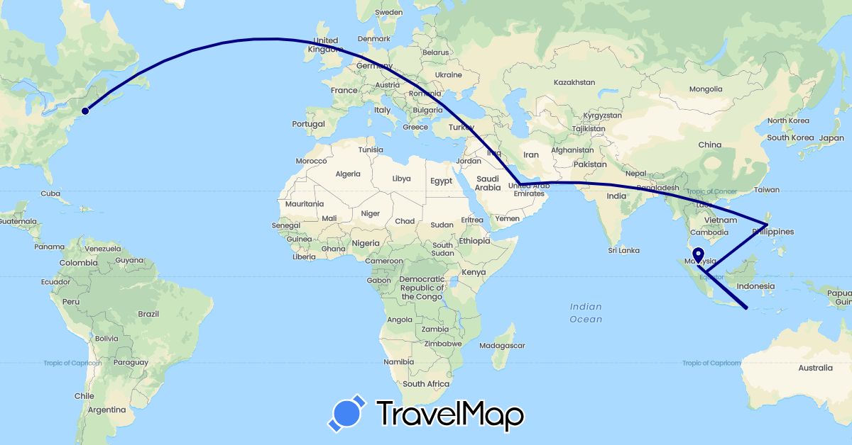 TravelMap itinerary: driving in Indonesia, Malaysia, Philippines, Qatar, Singapore, United States (Asia, North America)